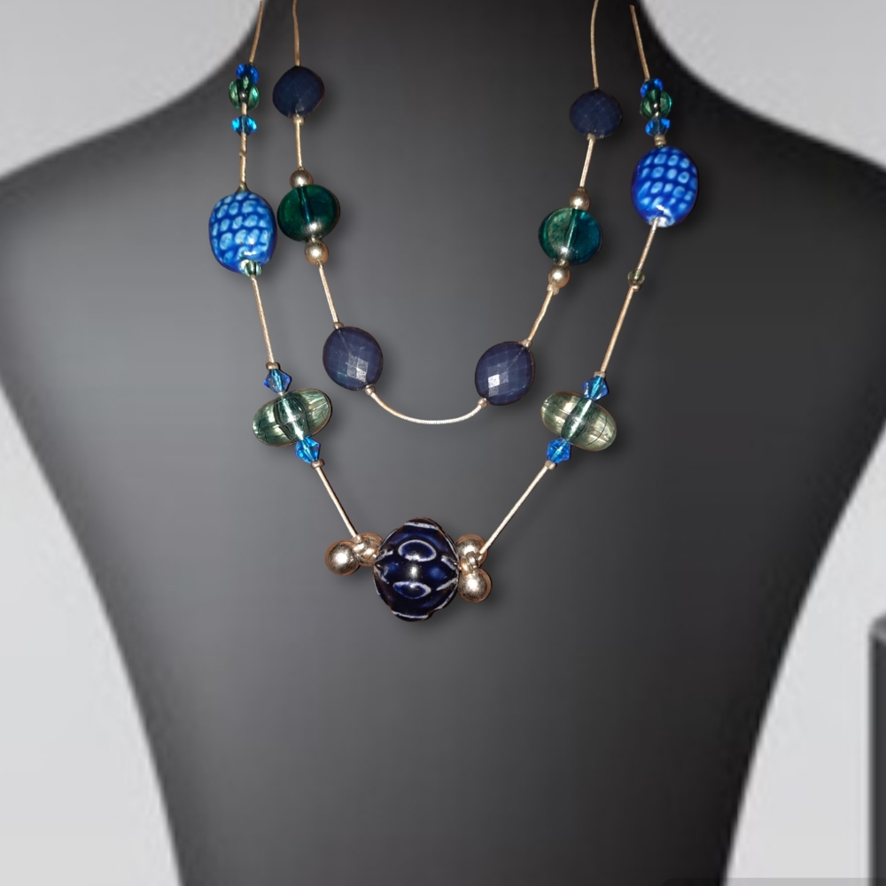 Art glass station multistrand necklace adjustable length silvertone and blue